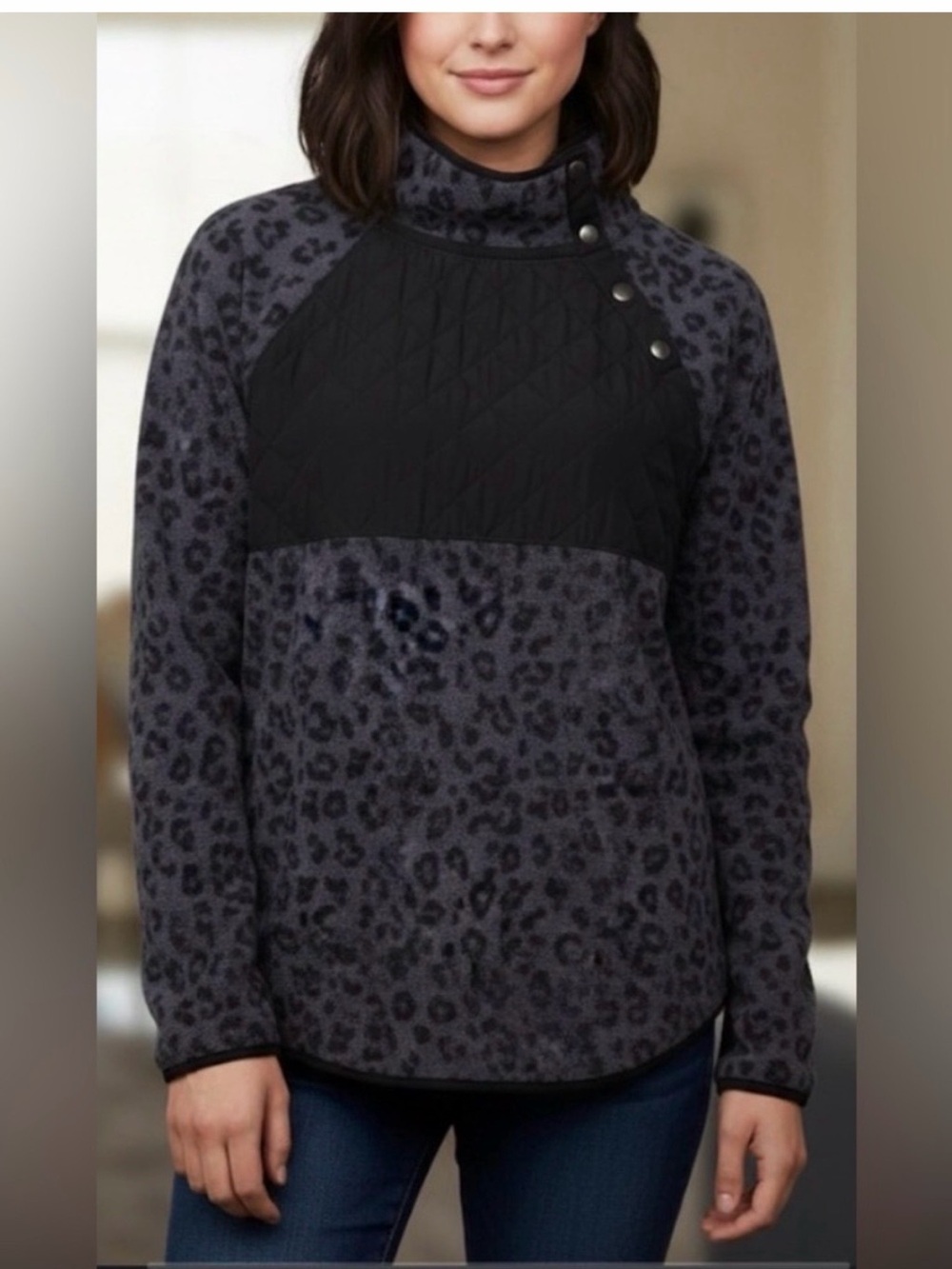 J. Crew Leopard Fleece Mock Neck Pullover - Medium